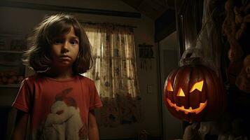 Group of children dressed up for Halloween, 3 children having fun on Halloween photo
