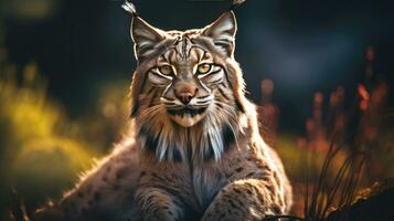 Close-up view of an adult Iberian lynx in a Mediterranean oak forest. World's rarest animal. photo