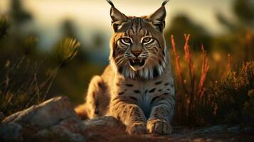 Close-up view of an adult Iberian lynx in a Mediterranean oak forest. World's rarest animal. photo