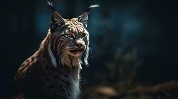 Close-up view of an adult Iberian lynx in a Mediterranean oak forest. World's rarest animal. photo