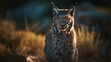 Close-up view of an adult Iberian lynx in a Mediterranean oak forest. World's rarest animal. photo