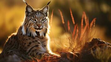 Close-up view of an adult Iberian lynx in a Mediterranean oak forest. World's rarest animal. photo