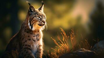 Close-up view of an adult Iberian lynx in a Mediterranean oak forest. World's rarest animal. photo