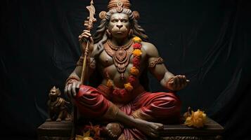 3D illustration of the Indian god Hanuman with a floral background surrounding it. photo