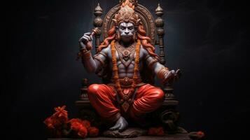 3D illustration of the Indian god Hanuman with a floral background surrounding it. photo