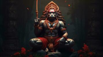 3D illustration of the Indian god Hanuman with a floral background surrounding it. photo