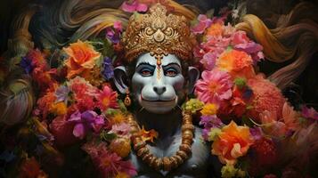 3D illustration of the Indian god Hanuman with a floral background surrounding it. photo