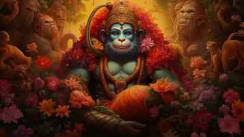 3D illustration of the Indian god Hanuman with a floral background surrounding it. photo