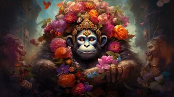 3D illustration of the Indian god Hanuman with a floral background surrounding it. photo