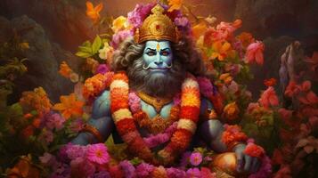 3D illustration of the Indian god Hanuman with a floral background surrounding it. photo