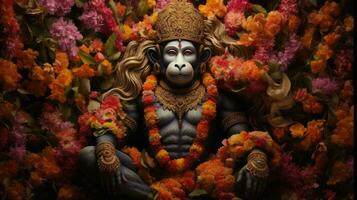 3D illustration of the Indian god Hanuman with a floral background surrounding it. photo