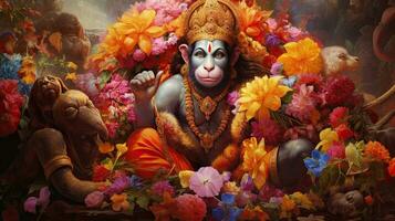 3D illustration of the Indian god Hanuman with a floral background surrounding it. photo