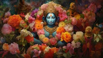 3D illustration of the Indian god Hanuman with a floral background surrounding it. photo