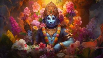 3D illustration of the Indian god Hanuman with a floral background surrounding it. photo