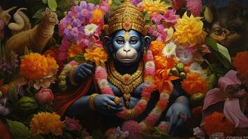 3D illustration of the Indian god Hanuman with a floral background surrounding it. photo