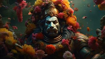 3D illustration of the Indian god Hanuman with a floral background surrounding it. photo