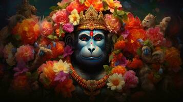 3D illustration of the Indian god Hanuman with a floral background surrounding it. photo