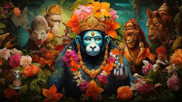 3D illustration of the Indian god Hanuman with a floral background surrounding it. photo