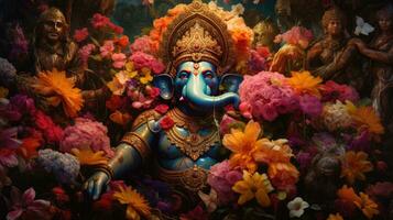 3D illustration of the Indian god Hanuman with a floral background surrounding it. photo