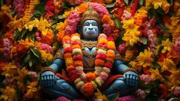 3D illustration of the Indian god Hanuman with a floral background surrounding it. photo