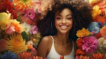 Beauty of a beautiful African woman with a background of colorful flowers. photo