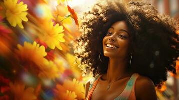 Beauty of a beautiful African woman with a background of colorful flowers. photo