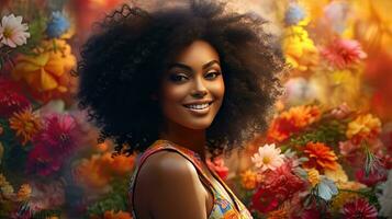 belleza de un hermosa africano mujer con un antecedentes de vistoso flores foto