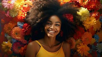 Beauty of a beautiful African woman with a background of colorful flowers. photo