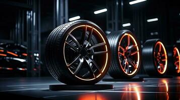 Alloy wheels, alloy wheels or alloy wheels, high performance car parts in car showrooms photo