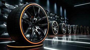 Alloy wheels, alloy wheels or alloy wheels, high performance car parts in car showrooms photo