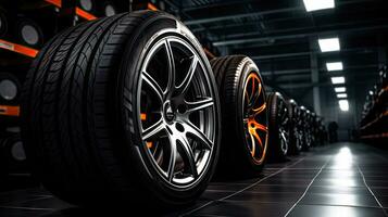 Alloy wheels, alloy wheels or alloy wheels, high performance car parts in car showrooms photo