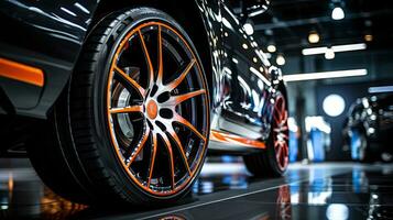 Alloy wheels, alloy wheels or alloy wheels, high performance car parts in car showrooms photo