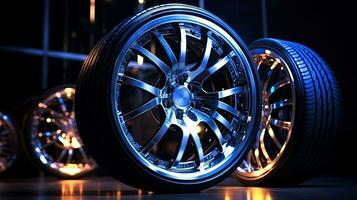 Alloy wheels, alloy wheels or alloy wheels, high performance car parts in car showrooms photo