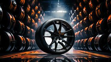 Alloy wheels, alloy wheels or alloy wheels, high performance car parts in car showrooms photo