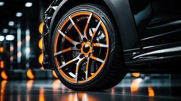 Alloy wheels, alloy wheels or alloy wheels, high performance car parts in car showrooms photo