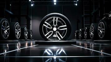 Alloy wheels, alloy wheels or alloy wheels, high performance car parts in car showrooms photo