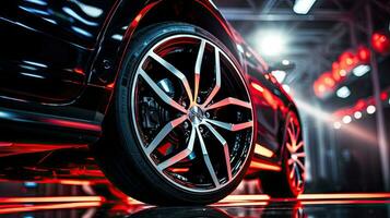 Alloy wheels, alloy wheels or alloy wheels, high performance car parts in car showrooms photo