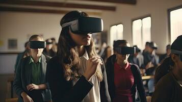 educational innovation Female student in virtual reality glasses joins teacher during lesson in bright classroom at school photo