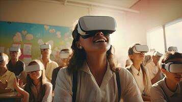 educational innovation Female student in virtual reality glasses joins teacher during lesson in bright classroom at school photo