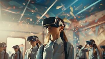 educational innovation Female student in virtual reality glasses joins teacher during lesson in bright classroom at school photo