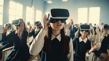 educational innovation Female student in virtual reality glasses joins teacher during lesson in bright classroom at school photo