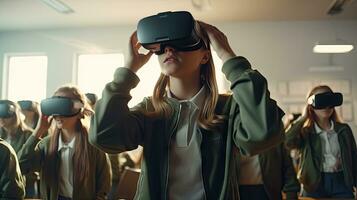 educational innovation Female student in virtual reality glasses joins teacher during lesson in bright classroom at school photo