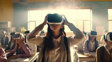 educational innovation Female student in virtual reality glasses joins teacher during lesson in bright classroom at school photo