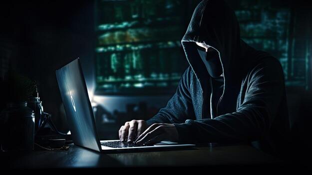 Hackers and Malware Hacker uses abstract laptop with binary code digital interface. photo