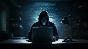 Hackers and Malware Hacker uses abstract laptop with binary code digital interface. photo