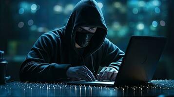 Hackers and Malware Hacker uses abstract laptop with binary code digital interface. photo