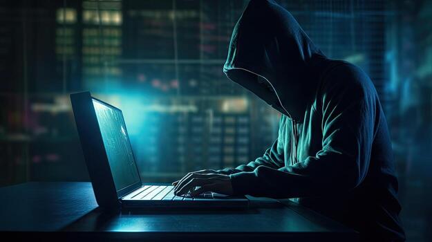 Hackers and Malware Hacker uses abstract laptop with binary code digital interface. photo