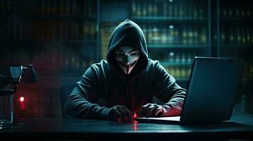 Hackers and Malware Hacker uses abstract laptop with binary code digital interface. photo