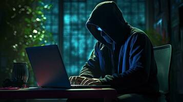 Hackers and Malware Hacker uses abstract laptop with binary code digital interface. photo