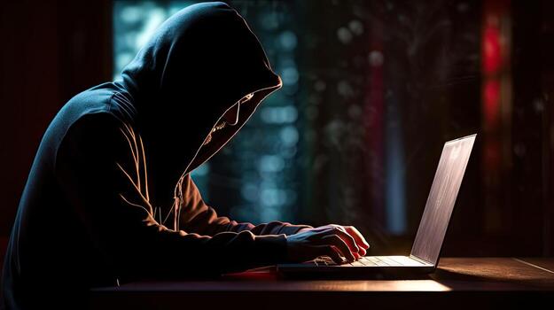 Hackers and Malware Hacker uses abstract laptop with binary code digital interface. photo